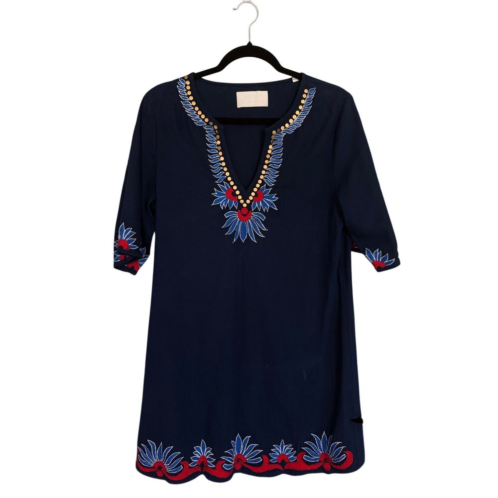 Piper by Townsen Embroidered Mini Dress Navy Gold Stud Boho S EUC
